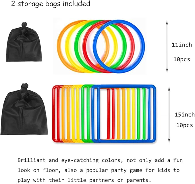 Hopscotch Squares and Hopscotch Ring Games 11in/ 15in with 30 Connectors for Kids Balance Agility Training Obstacle Course, Indoor Outdoor Backyard Activity, Birthday Fun Play for Boys Girls
