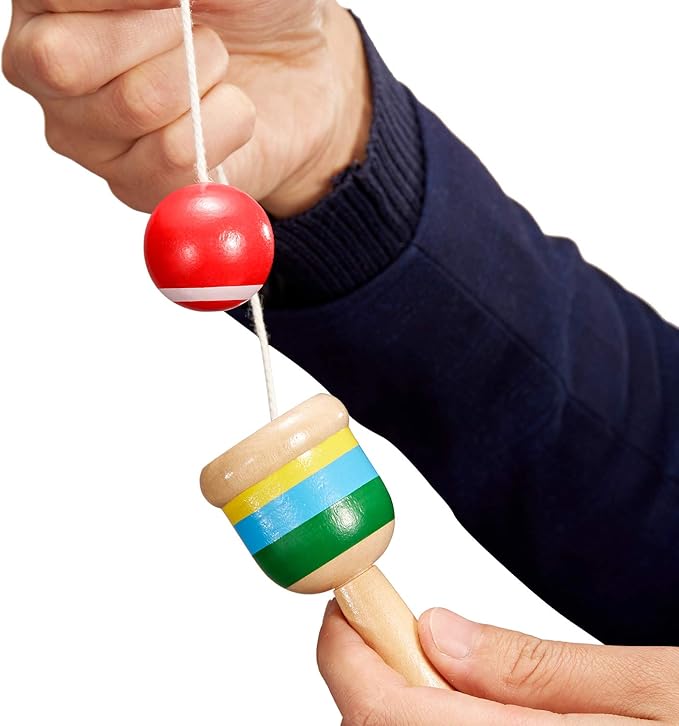 TOODOO 2-Piece Jacks Game with Paddle, String, Cup and Ball - Mini Wood Catch Ball for Hand-Eye Coordination