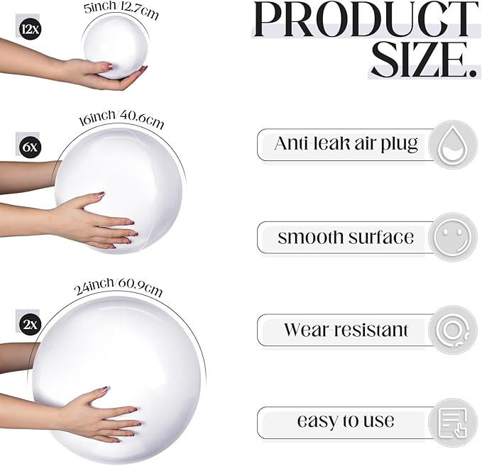 Sratte 20 Pcs Inflatable Beach Balls Bulk, Multiple Sizes Summer Swimming Pool Balls for Adults Hawaii Luau Party Supplies(White,Classic)