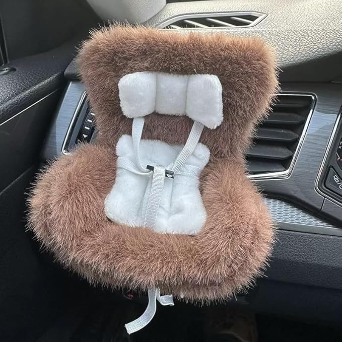 Doll Car Seat for 3–8 inch Figures, Fits Character Plushes, Blind Box Dolls & Vinyl Collectibles, Includes Air Vent Clip & Desktop Stand, Cute Car Ornament for Collectors (Brown)