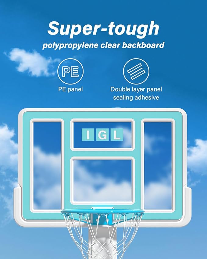 IGL Pool Basketball Hoop Outdoor, Outdoor Poolside Basketball Hoop, Base & Stand Double Water Storage with 2 Ball & Inflator, Stainless Steel Basketball Rim, Fixed Height