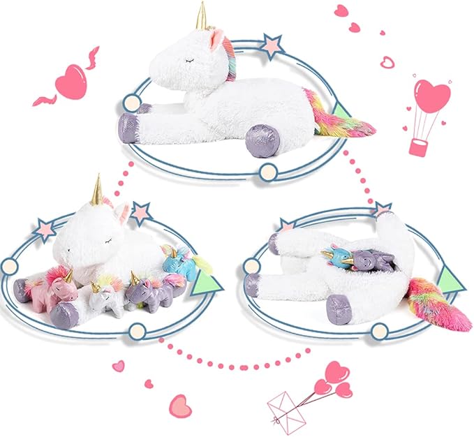 Tezituor 24 Inches Unicorn Plush Toy Set for Girls,Small Unicorn Stuffed Animal, 5Pcs Unicorns in Mommy’s Belly,Soft Unicorn Stuffy with Babies Plushie,Kids Women Gifts Christmas Valentines White
