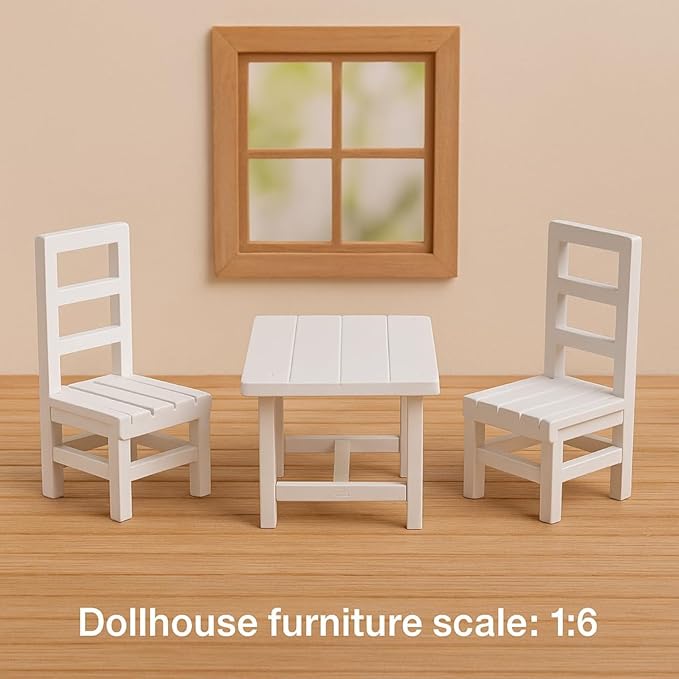 1/6 Scale Wooden Dollhouse Furniture Set – Fits 12in Dolls – White Miniature Square Table & 2 Chairs (3PCS) Furnishings Model Toy for Decor Doll Living Room– Not Full-Size Furniture