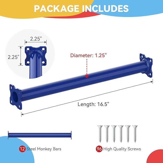 16.5 Inch Monkey Bars Kit Playground Ladder Rungs for Backyard Indoor Outdoor Kids Metal Monkey Bars Swing Set Playset Accessories (Dark Blue, 12 Pcs)