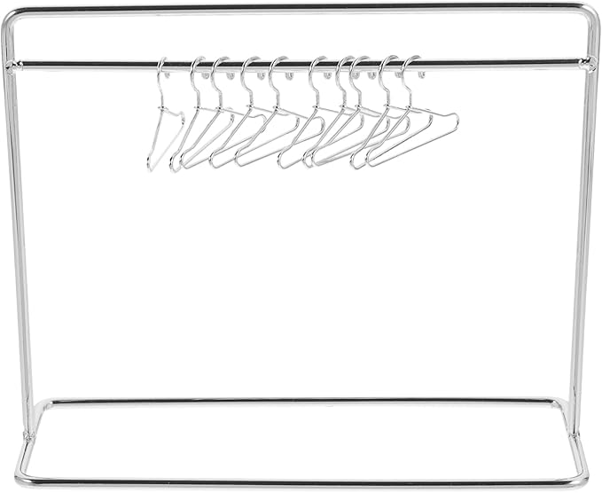 TOYANDONA Mini Clothes Rack for Dolls with 10 Miniature Metal Doll Clothes Hangers Doll Apparel Hanger and Clothing Rack for Dollhouse Accessories 5.90X4.72X2.16 Inch
