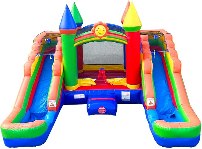 Crossover Rainbow Double Water Slide Bounce House Combo, 16.5 x 15 x 11 Foot, PVC Vinyl Inflatable Bouncy House for Kids, Wet or Dry Slides, with Stakes and Storage Bag, Blower not Included