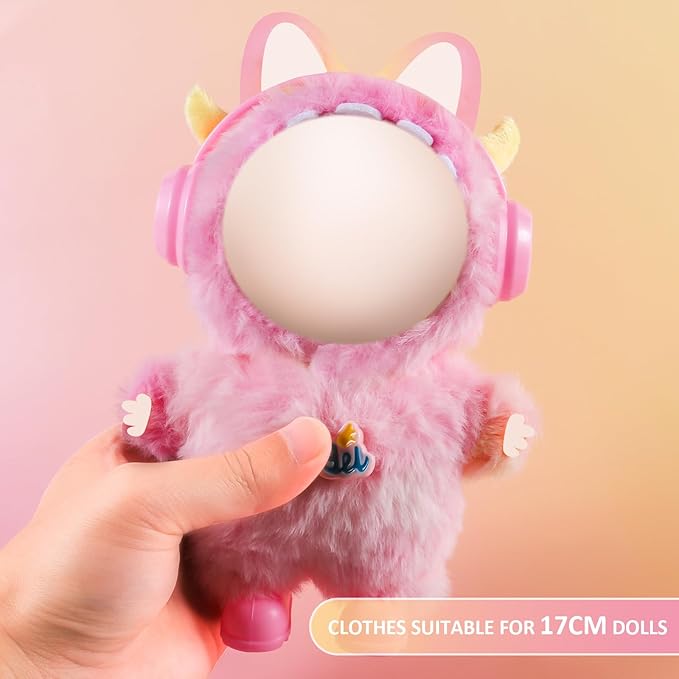 17cm Doll Clothes Set for Labubu Dress Up,Cute Outfit ,4 Piece Hat Overalls Headphones Shoes Dolls Clothing Accessories(NO Doll) (Pink)