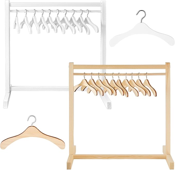 Civaner 22 Pcs Doll Garment Rack with Wooden Clothes Hanger for 18 Inch Girl Doll Clothes Mini Hangers Wardrobe Furniture Accessories for Dollhouse Baby Shower Supplies (Wood,White)