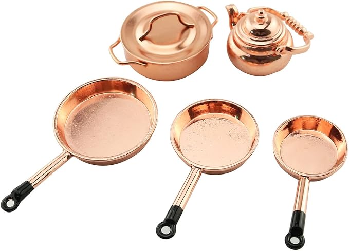 TAODAN Dollhouse Kitchen Cookware 1/12 Scale Miniatures Metal Frying Pans, Kettle, Copper Pots with Lids for Dollhouse Kitchen Accessories Christmas Birthday Gift Miniature Stovetop Cookware