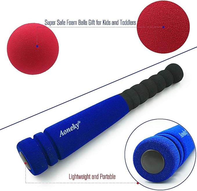 Aoneky Soft Foam Baseball Bat and Ball Set for Toddlers 1-3, 11.8 Inch All-Foam Safety T Ball Toy for Indoor Outdoor Play, Lightweight Mini Bat with Easy Grip (Blue)