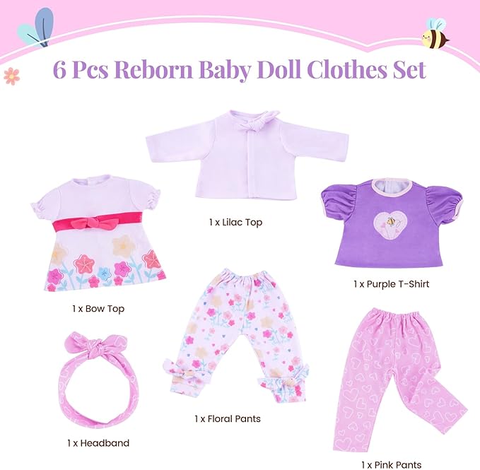 BABESIDE 6 Pcs Reborn Baby Doll Clothes Set – Fits 17-22 Inch Dolls, Soft Cotton Outfits & Reborn Baby Doll Accessories for Pretend Play and Gift for Girls
