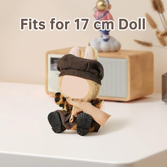 17cm Doll Clothes Outfit Set (No Doll), 5-Piece Mini Doll Clothing with Hat, Scarf, Leopard Top, Skirt & Shoes, Fits 17 cm Sitting Dolls