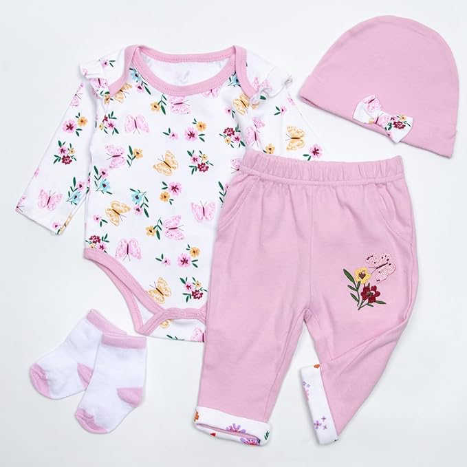 4 Pcs Reborn Baby Doll Clothes 20 Inch Girl Pink Outfit Accessories for 20-22 Inch Reborn Dolls Newborn Baby Flower Clothing Set
