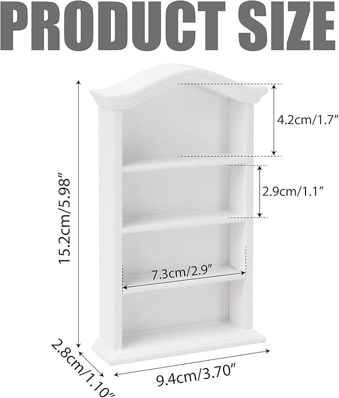 Dollhouse Bookcase 1:12 Scale Miniature Mini Bookshelf Doll House Book Shelves for Small Items Accessories Furniture Wooden 4 Floors Display Cabinet Decoration Home Bedroom, White