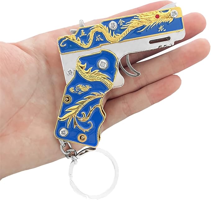 Mini Golden Dragon Rubber Band toy gun Metal folding keychain Rubber band gun toy Novel and funny Creative Outdoor party gift (Blue Golden Dragon)