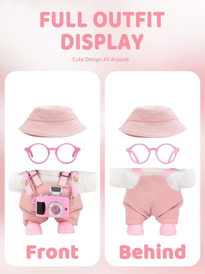 Clothes for LABUBU 17cm Doll (NO Doll) – 6-Piece Set, Hat + Overalls + Shirt + Camera + Glasses + Shoes, Outfit for LABUBU, Premium Dolls Accessories for LABUBU (Light Pink)