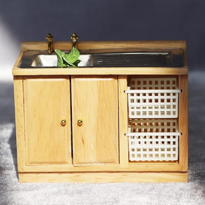 Dollhouse Kitchen Sink Miniature Bathroom Belfast Sink Ornament 1:12 Scale Mini Scene Cabinet Basin Set Sink Unit Accessories Furnishings Kit Decoration
