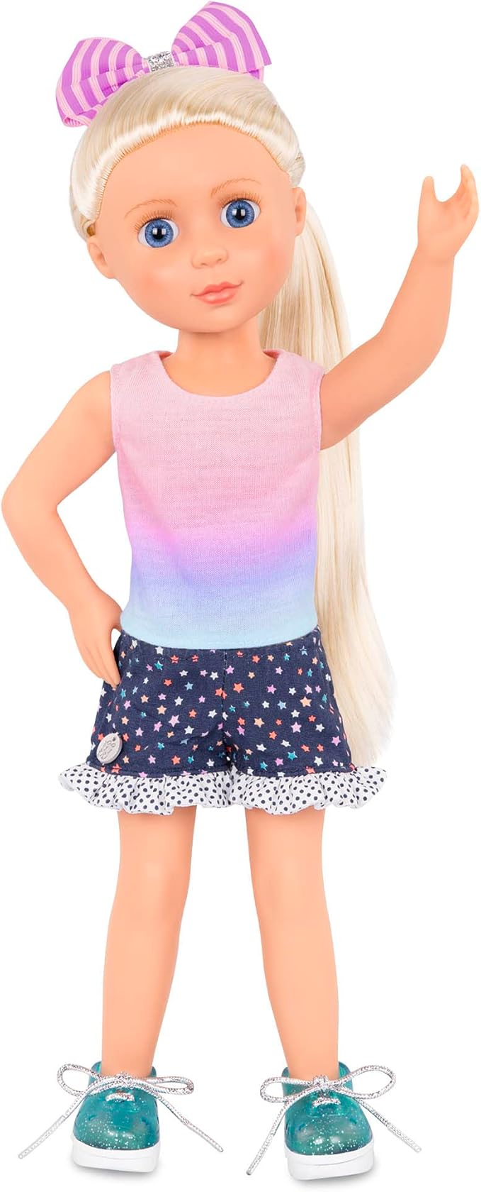 Glitter Girls – 14-Inch Doll Clothes – 4 Pieces Starry Outfit – Colorful Top & Polka Dot Shorts – Glittery Shoes & Hair Bow – 3+ Years– Twinkle Like A Star