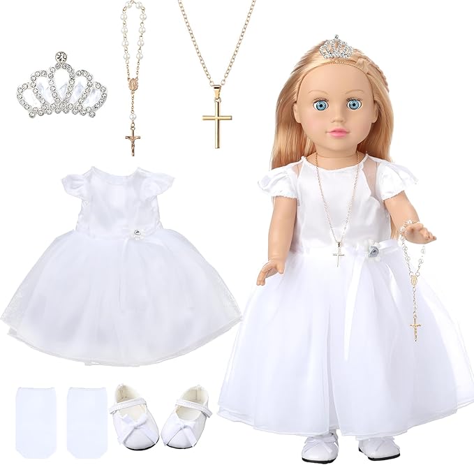 RoundFunny 7 Pcs 18 Inches American Doll Clothes Outfit First Communion Dress with Matching Headband Veil Bracelet Shoes Socks Necklaces Fit 18 Inches Dolls, Doll Not Included(Crown)