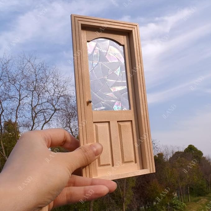 iLAND Dollhouse Door on 1:12 Scale, Miniature Door w/ 3D Windowpanes Reflecting Rainbow Light & Handles