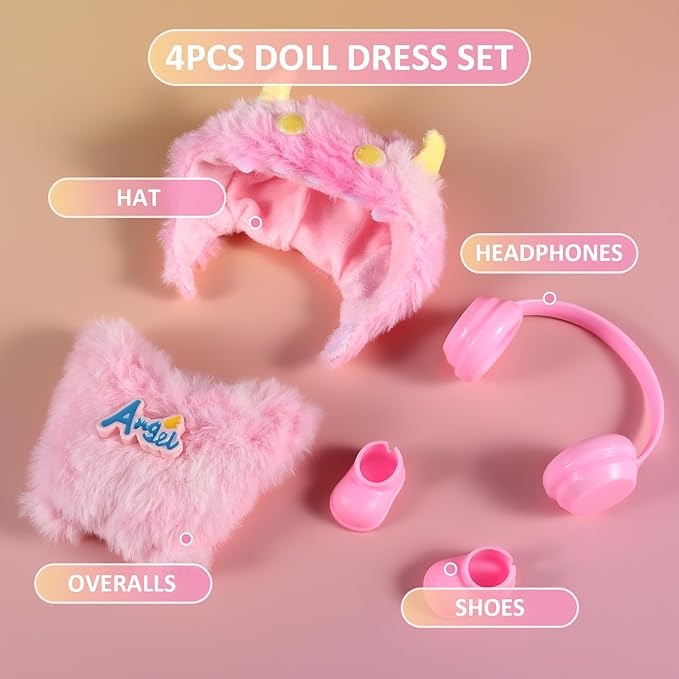 17cm Doll Clothes Set for Labubu Dress Up,Cute Outfit ,4 Piece Hat Overalls Headphones Shoes Dolls Clothing Accessories(NO Doll) (Pink)