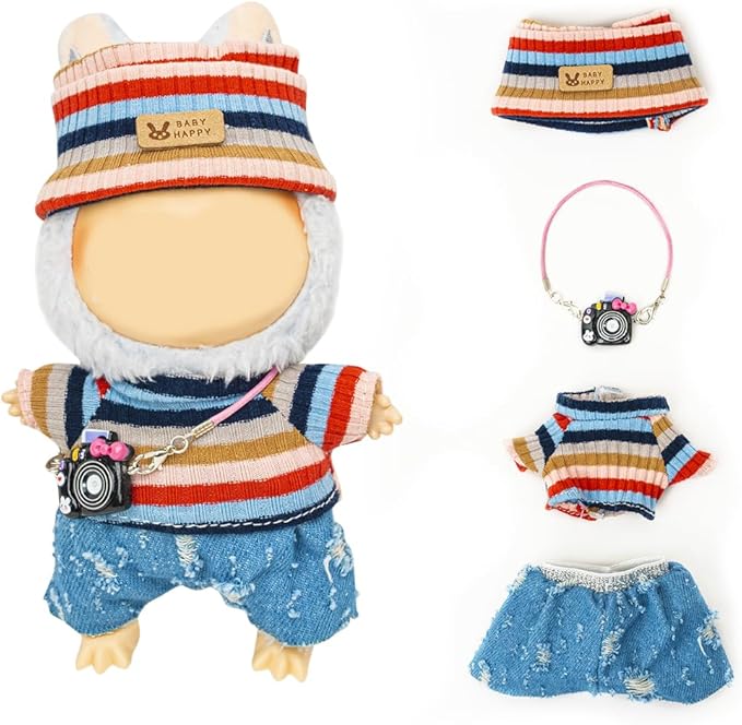 Clothes for Lububu 17cm Dolls(NO Doll) for Lububu Doll Outfits with Accessories Suit for Lububu Cute Stylish Dress Up Set Easter Gifts Blue Pants