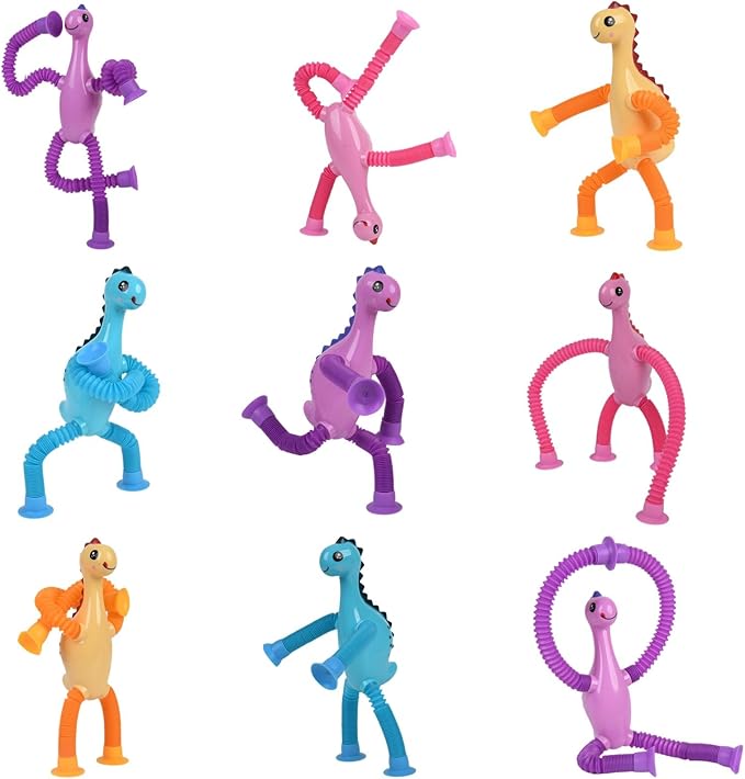 Dinosaur Pop Tubes Fidget Toys, 4 Pack Telescopic Suction Cup Toy for Kids Toddlers, Animal Autism Sensory Toy for Boys Girls, Funny Stocking Stuffers for Boys Girls Christmas Birthday Gift
