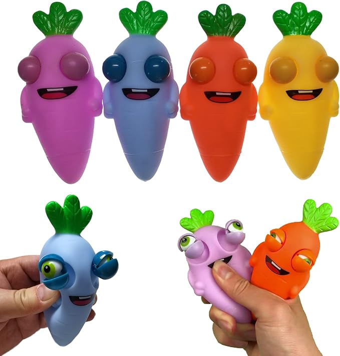 Funny Pop-Out Stress Squeeze Toys 4 Pack Cute Radish Stick Out Eyes Fun Toys Squish Fidget Toy Easter Gift for Adults Kids