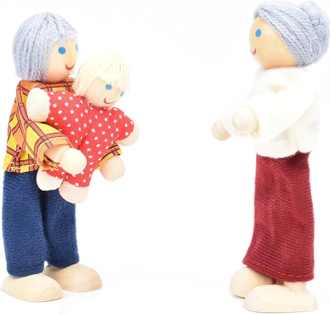 Jzszera Wooden Doll House People of 7 Miniature Figures and 2 Pets, Dollhouse Dolls Family Set Accessories for Girls Toddler Kids Pretend Play and Imaginative Fun