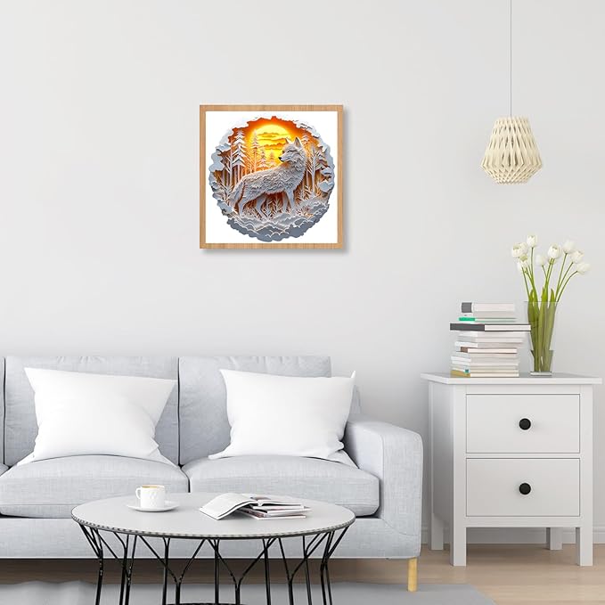 Wooden Puzzles for Adults, 210 Pieces White Wolf Sunset Forest Circular Jigsaw Puzzle, Unique Shaped Laser Cut Wood Art Puzzle, Easter Gift for Mom, for Nature Lovers