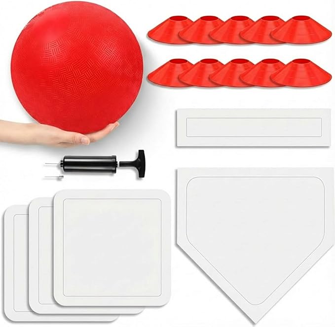 Hiboom 16 Pcs Sports Kickball Set Includes 10 Inches Playground Ball 5 Rubber Throw Down Bases Ball Pump 10 Foul Line Cones for Kids Adults Playground School Backyard Game Camps Picnic