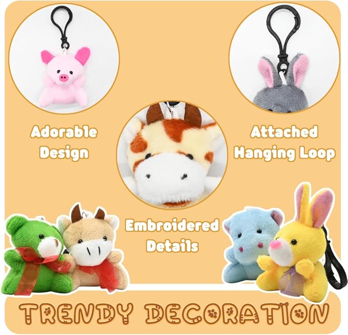 UMEELR 28PCS Small Stuffed Animal Keychain, Mini Plush Animals Toys Bulk for Kids Easter Basket Stuffers Egg Hunt Party Favors