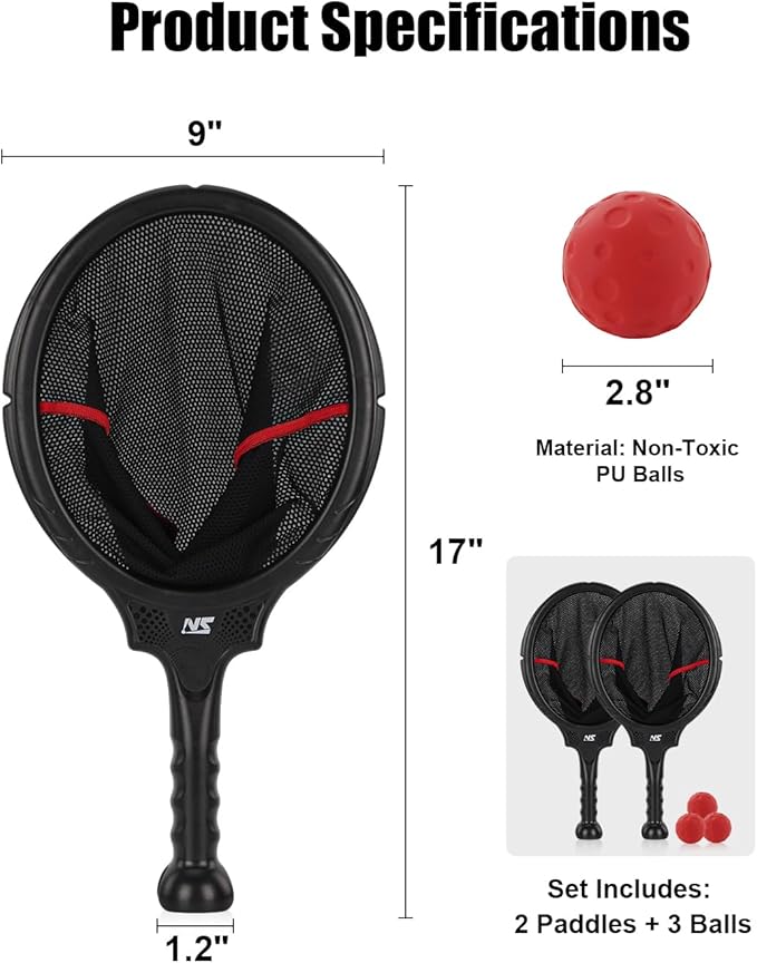 Slingshot Scoop Ball Set - Family Party Game, Play Solo or with 2 Players, Indoor & Outdoor Sports Toy for Adults & Teens, Includes 2 Netslinger Rackets, 3 Balls