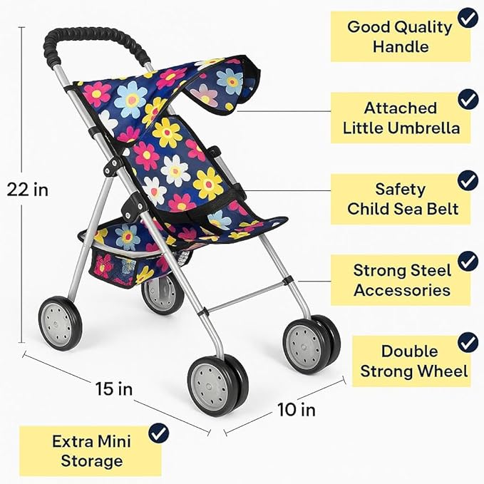 Fash n olor 3 Piece Baby Doll Play Set Flower Design Includes - Foldable Pack N Play, Baby Doll Stroller, Baby Doll High Chair, Fits Up to 18'' Dolls 3 Piece Doll Accessories Set, Best Gift for Girls
