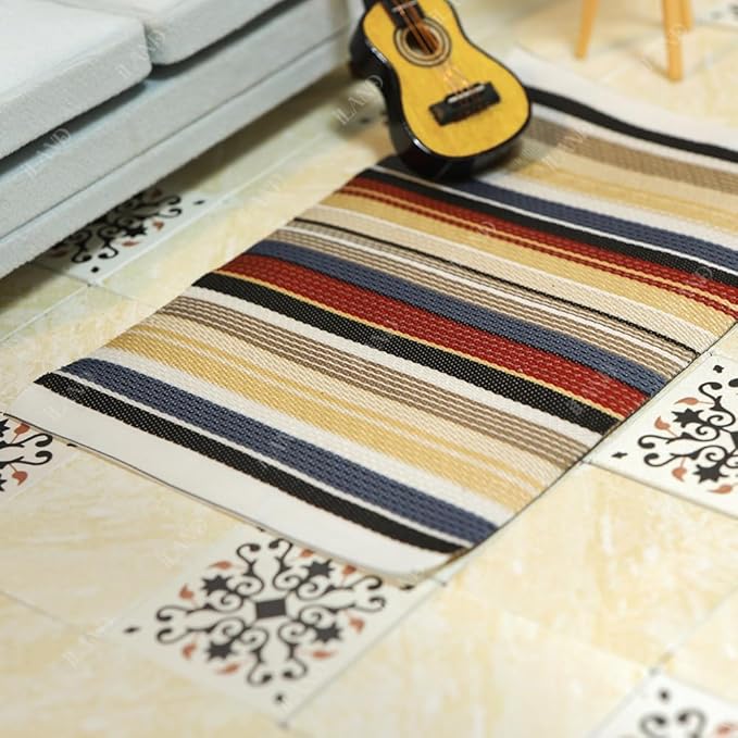 iLAND Miniature Dollhouse Accessories of Carpet for Dollhouse Furniture on 1/12 Scale, Woven Dollhouse Rugs 6” x 3.8” (2pcs Stripe)