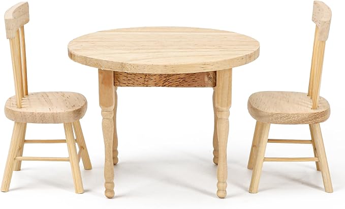 1/12 Miniature Dollhouse Round Table and 2 Chairs Dining Set, Mini Wooden Unpainted Burlywood Barbie Kitchen Furniture Accessories