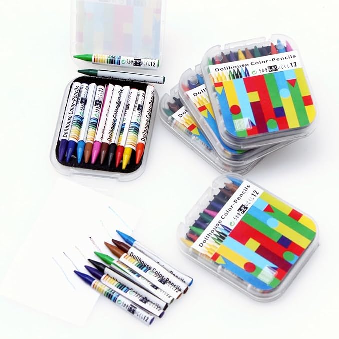 Mini School Supplies Sets,112 Dollhouse Acessories Including 12 Pieces Crayon,Blackborad for Dollhouse Home Miniature Model DIY Decor Doll House Accessories Coloring House Play Set