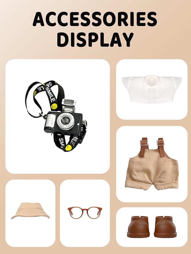 Clothes for LABUBU 17cm Doll (NO Doll), Hat & Overalls & Shirt & Shoes & Glasses & Camera Set for 17cm Accessories Suit, Cute Clothes for Dress up Unique Style (Brown)
