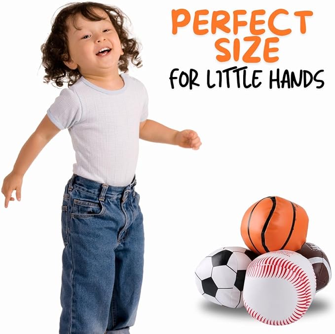 Liberty Imports 4 Pack Soft Plush Stuffed 5" Sports Balls Assortment Toy Playset for Kids, Toddlers - Football, Baseball, Basketball, Soccer