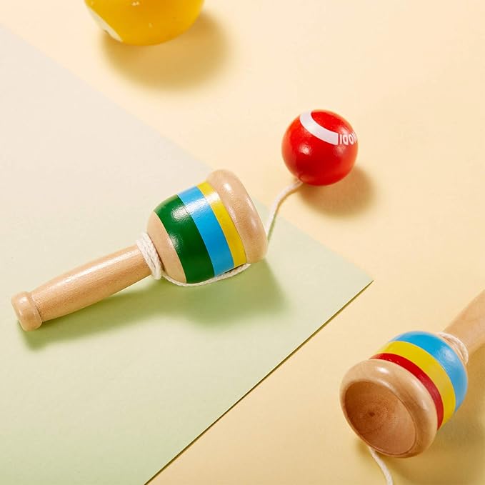 TOODOO 2-Piece Jacks Game with Paddle, String, Cup and Ball - Mini Wood Catch Ball for Hand-Eye Coordination