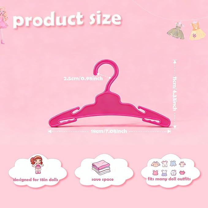 24 Pcs Doll Clothes Hangers for 18-Inch Dolls - Non-Slip, Space-Saving Wardrobe Accessories for Doll Gowns & Outfits (Pink&Rose red)