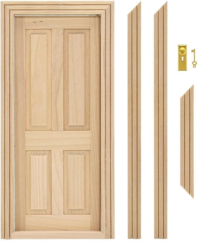 iLAND Wooden Dollhouse Door of 1/12 Scale Accessories, Dollhouse Building Materials, Classic 4-Pannel Miniature Door w/Trims & Doorknob & Key (Classic 4-Pannel Door)