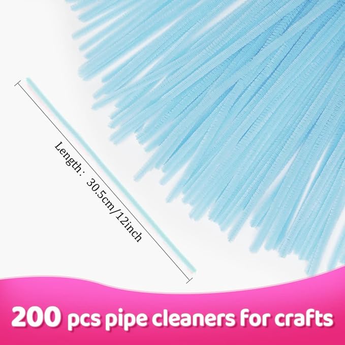 Praisebank Light Blue Pipe Cleaners for Crafts, 200pcs, Chenille Stems for DIY Projecets, Arts & Crafts Supplies for Festival Party Decorations