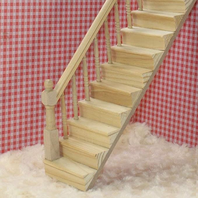 Miniature Stairs 1:12 Scale Dollhouse Furniture Wooden Handrail DIY Unpainted Staircase Dollhouse Accessories Pre-Assembled Steps Model (Left-Handrail)