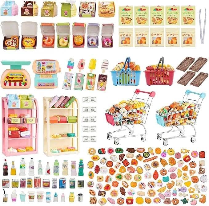 196Pcs Dollhouse Miniature Store Grocery Accessories Mini Shopping Cart Basket 4 Three-Layer Shelves Supermarket Metal Handcart Resin Food Drink Bottle Cash Register Packaging Box