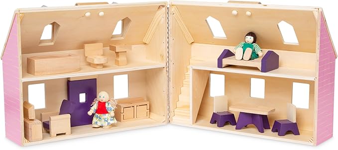 Melissa & Doug Fold & Go Wooden Dollhouse with 2 Dolls and 11 Pieces of Furniture - Portable Mini Doll House with Accessories and Toy Figures, Ages 3+