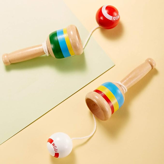 TOODOO 2-Piece Jacks Game with Paddle, String, Cup and Ball - Mini Wood Catch Ball for Hand-Eye Coordination