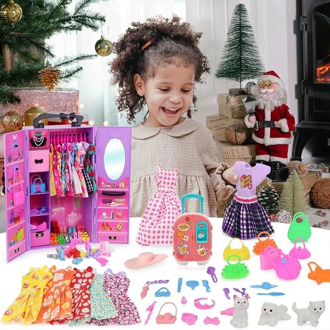 K.T. Fancy 83 Pcs Dolls & Accessories with Purple Closet Wardrobe for 11.5 Inch Doll Dress Up Set Including Wardrobe Shoes, Wallet, Dress Hangers, Brush, Necklace, Pet and Other Accessories