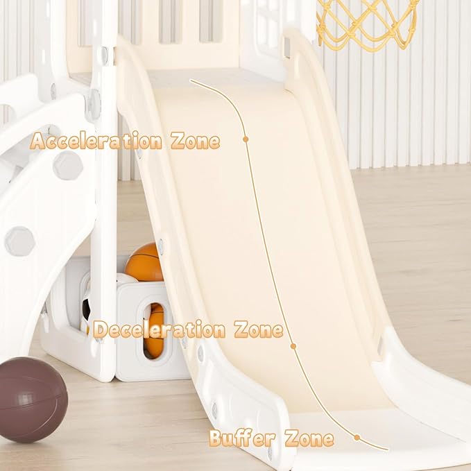 XJD 5 in 1 Toddler Slide, Kids Slide for Toddlers Age 1-3, Outdoor Indoor Playset for Toddlers with Basketball Hoop and Ball, Storage Space Birthday Gifts for Toddler (Beige)
