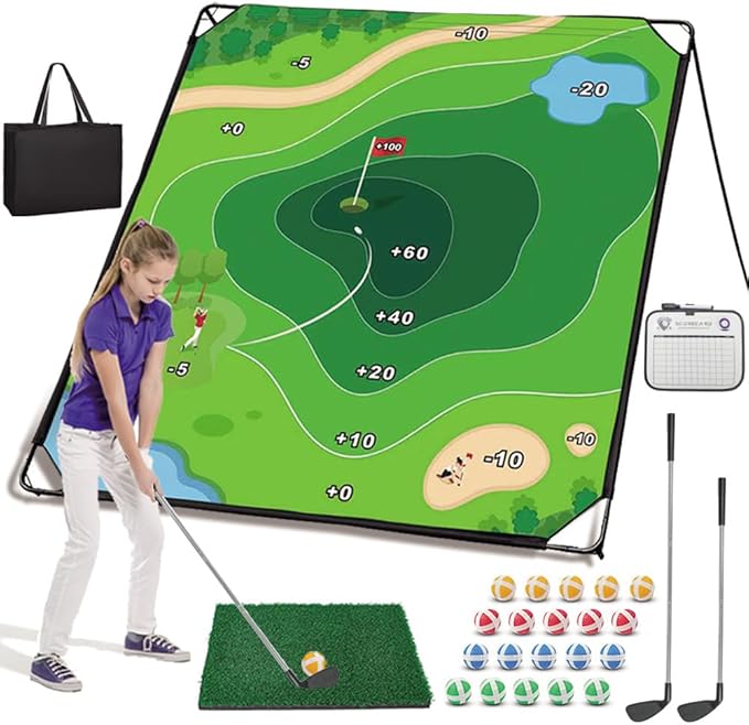 71 X 71 in Golf Chipping Game with Large Hitting Mat, 20 Sticky Balls, 1 Scoreboard, 2 Adjustable Golf Clubs, 1 Storage Bag, Portable and Easy-to-Setup Yard Shooting Range Game for Adults Kids